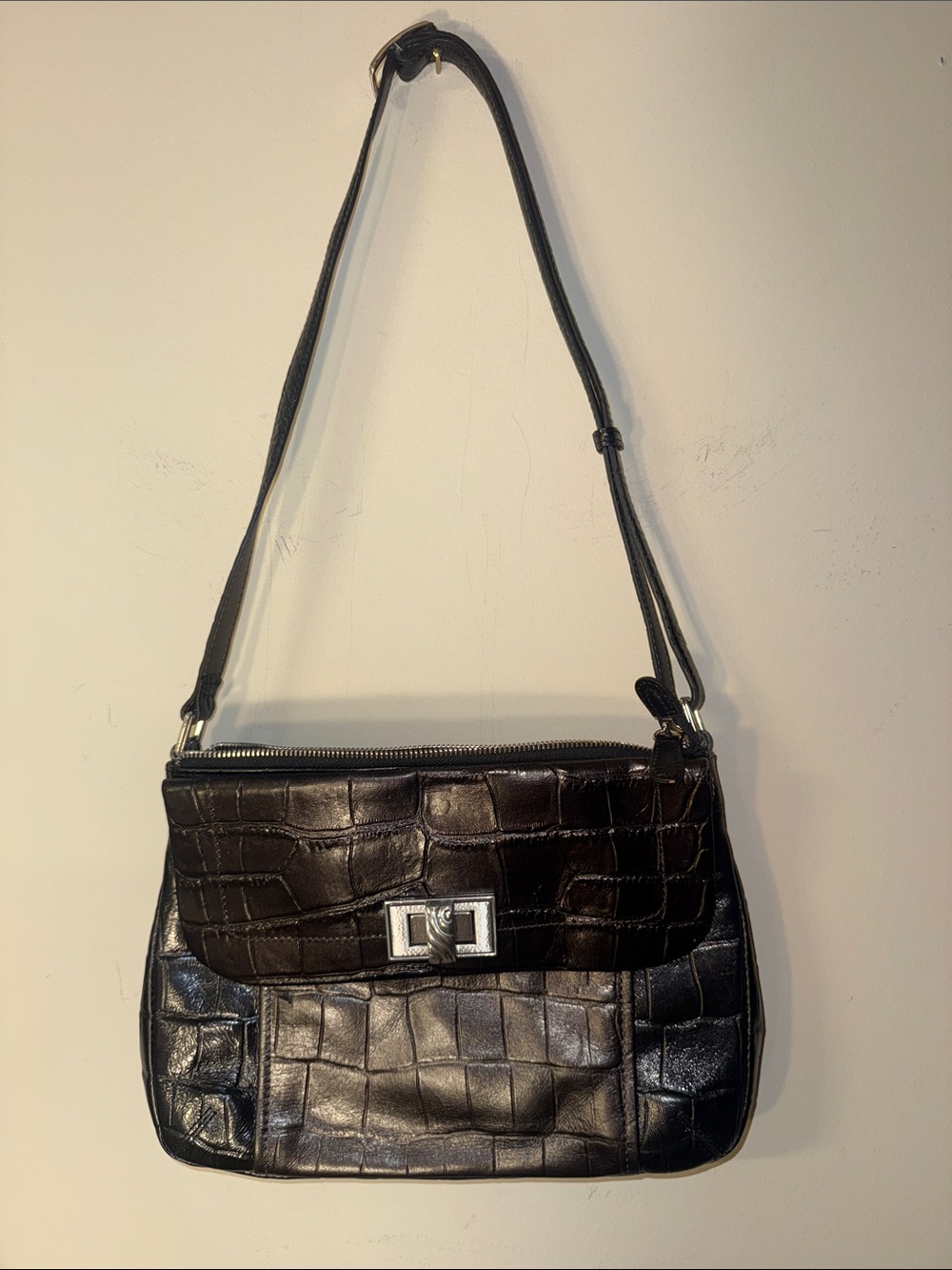 Brighton Black Croc-Embossed Shoulder Bag with Silver-Tone Hardware